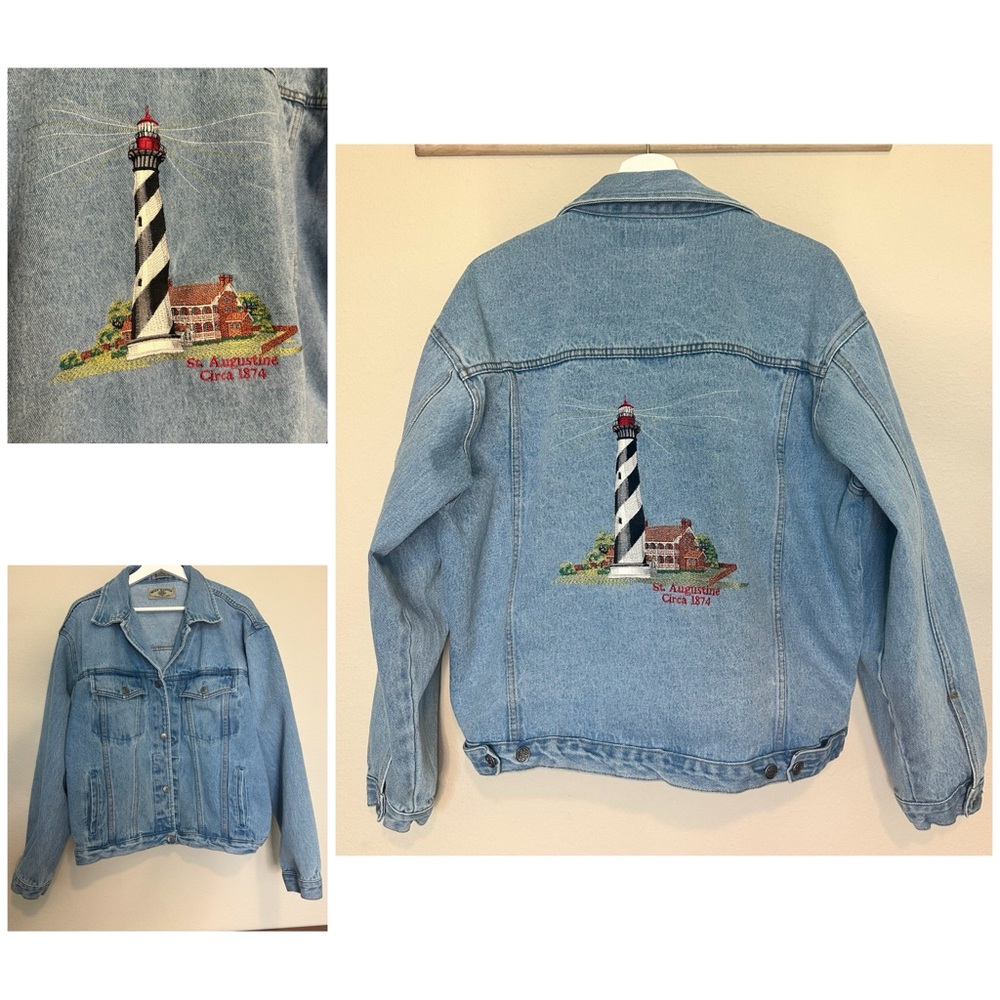 Embroidered St. Augustine Lighthouse Oversized Denim Jacket